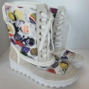 Coach Dorean Lace-up Puffy Winter Snow Boots Multi-color Logo Print Suede Trim